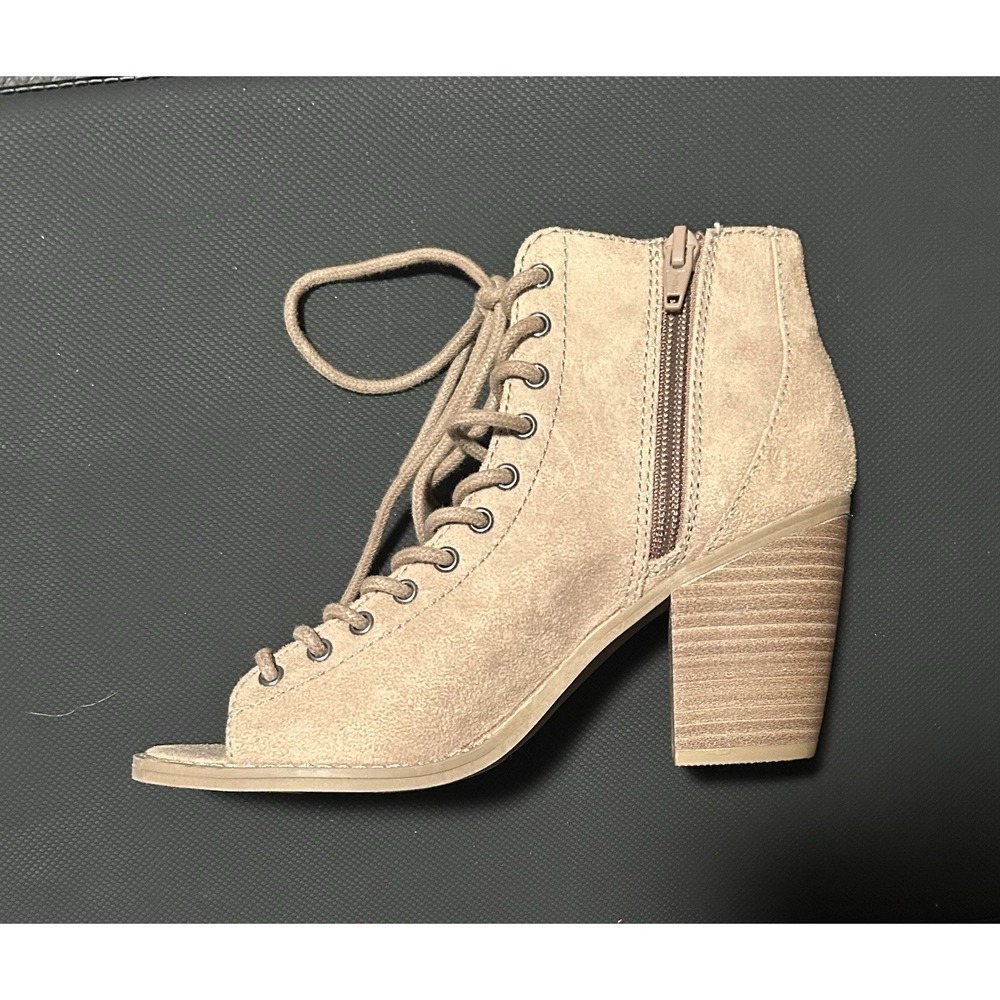 NEW Mossimo Boho Beige Open Toe Lace Up Suede Chunky Heel Ankle Booties 6.5